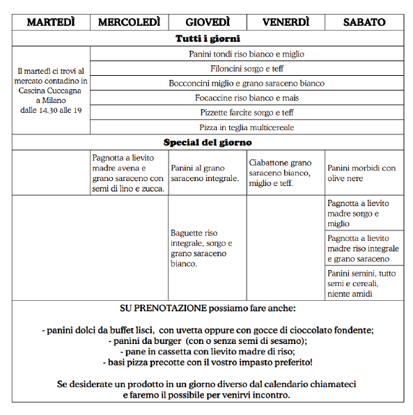 Tavola disegno 1 tabella settimanale pane senza glutine